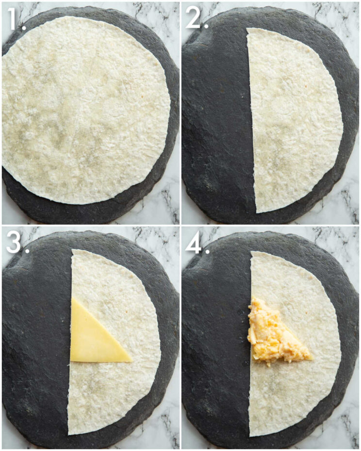 4 step by step photos showing how to fold breakfast pockets