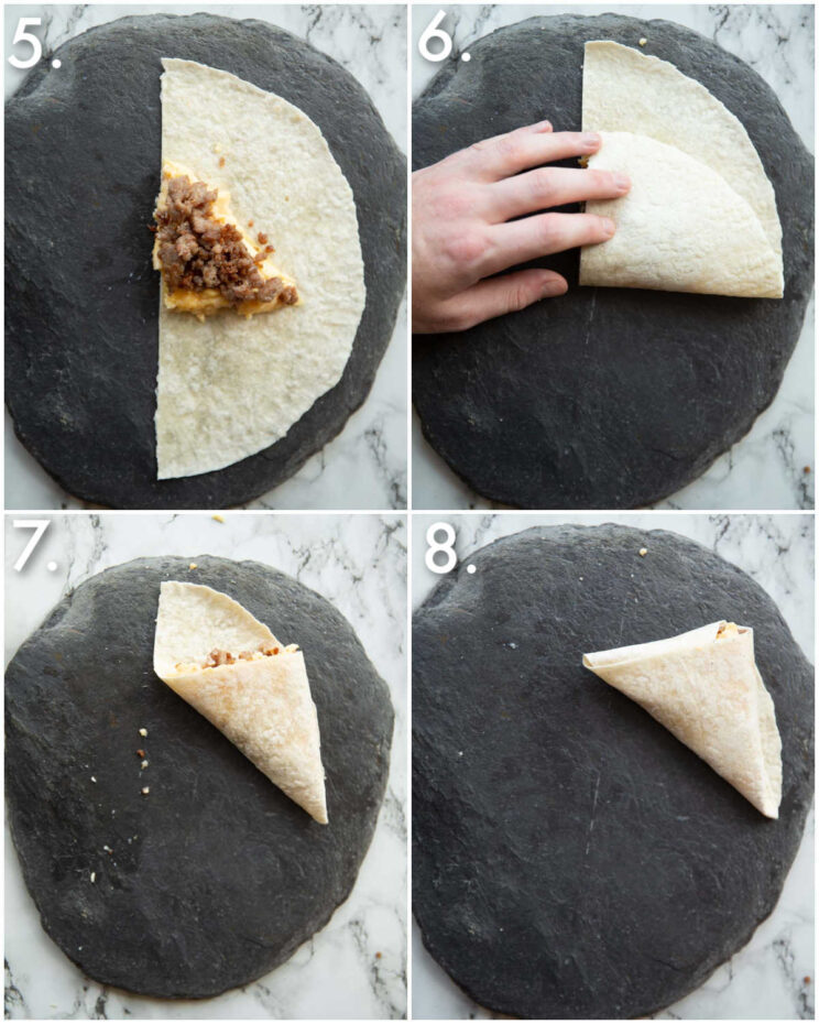 4 step by step photos showing how to fold breakfast pockets