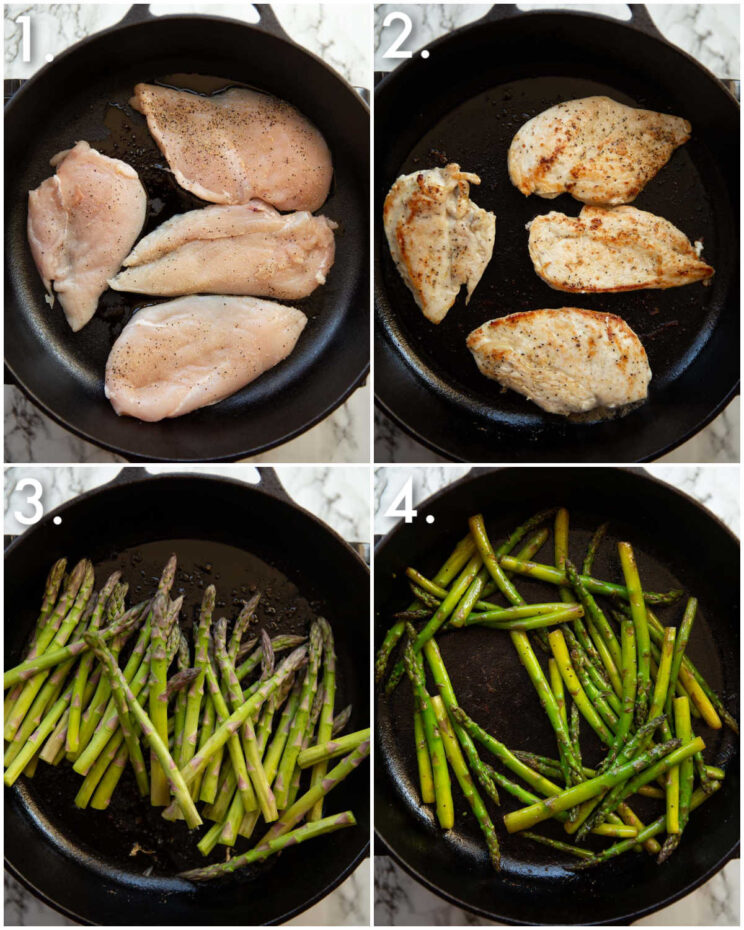 4 step by step photos showing how to fry chicken and asparagus