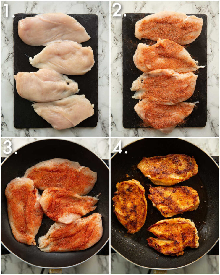 4 step by step photos showing how to fry chicken breast