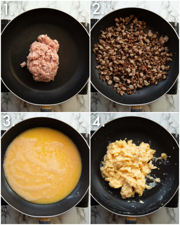 4 step by step photos showing how to fry egg and sausage