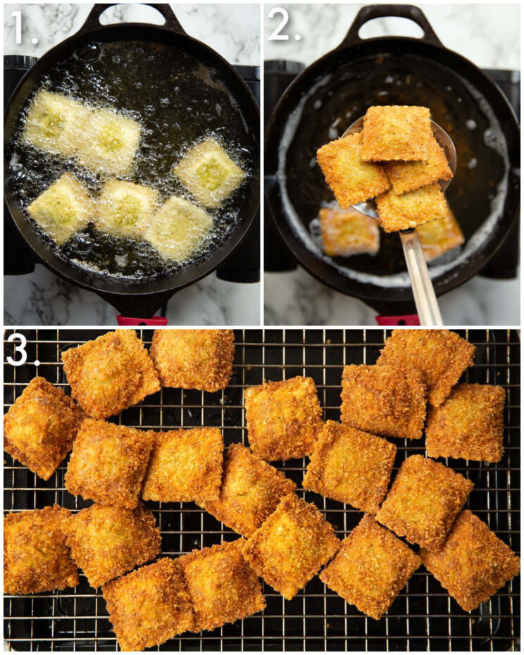 3 step by step photos showing how to fry ravioli