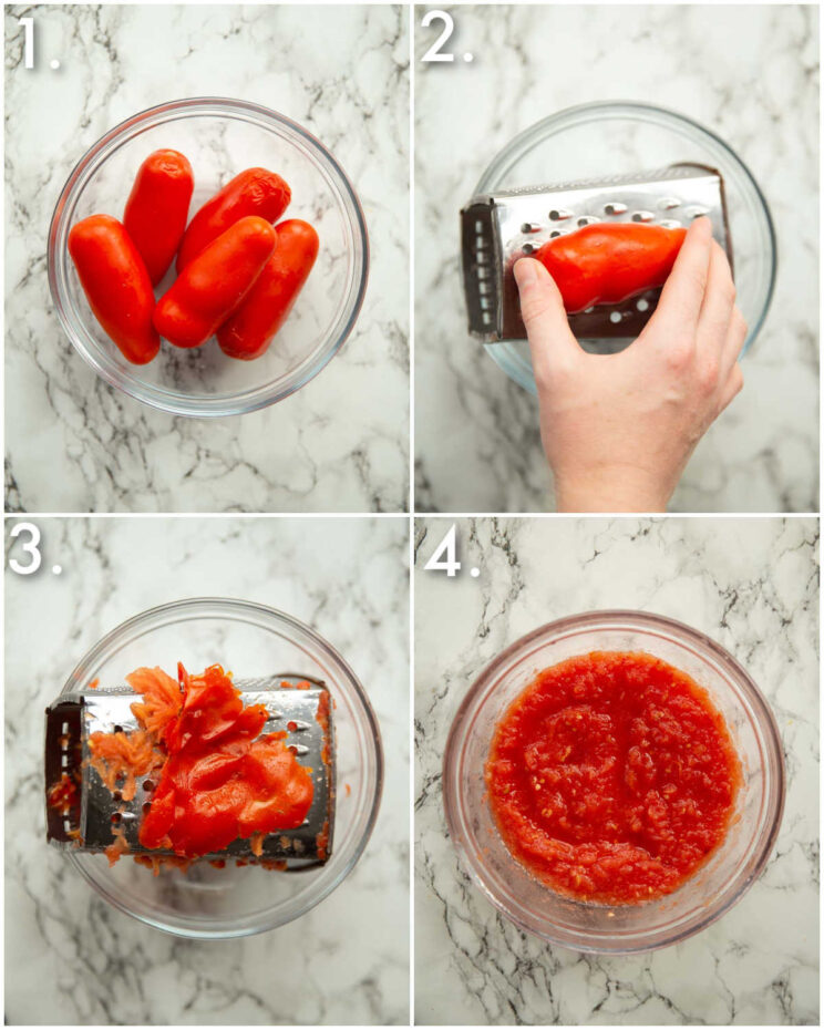 4 step by step photos showing how to grate tomatoes