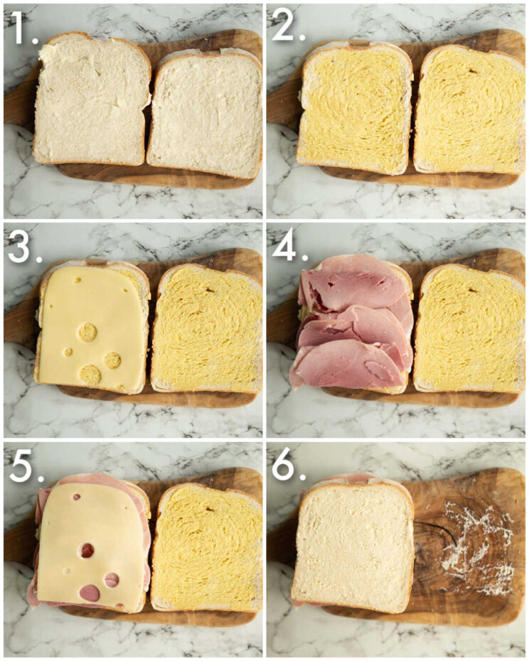 6 step by step photos showing how to make a croque monsieur