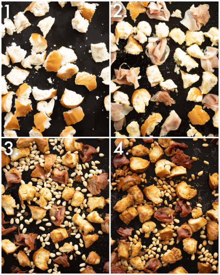 4 step by step photos showing how to make bagel croutons