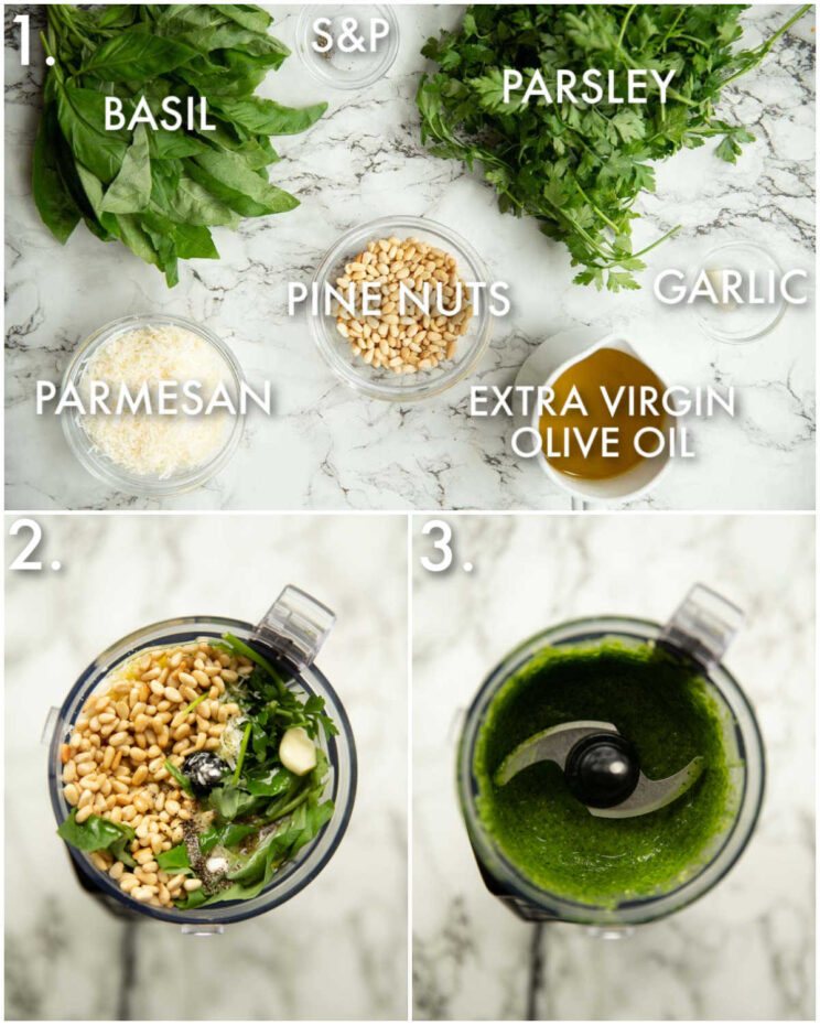 3 step by step photos showing how to make basil parsley pesto