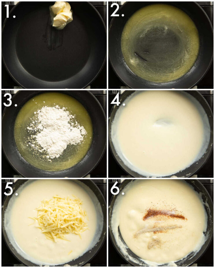 6 step by step photos showing how to make bechamel sauce for croque monsieur