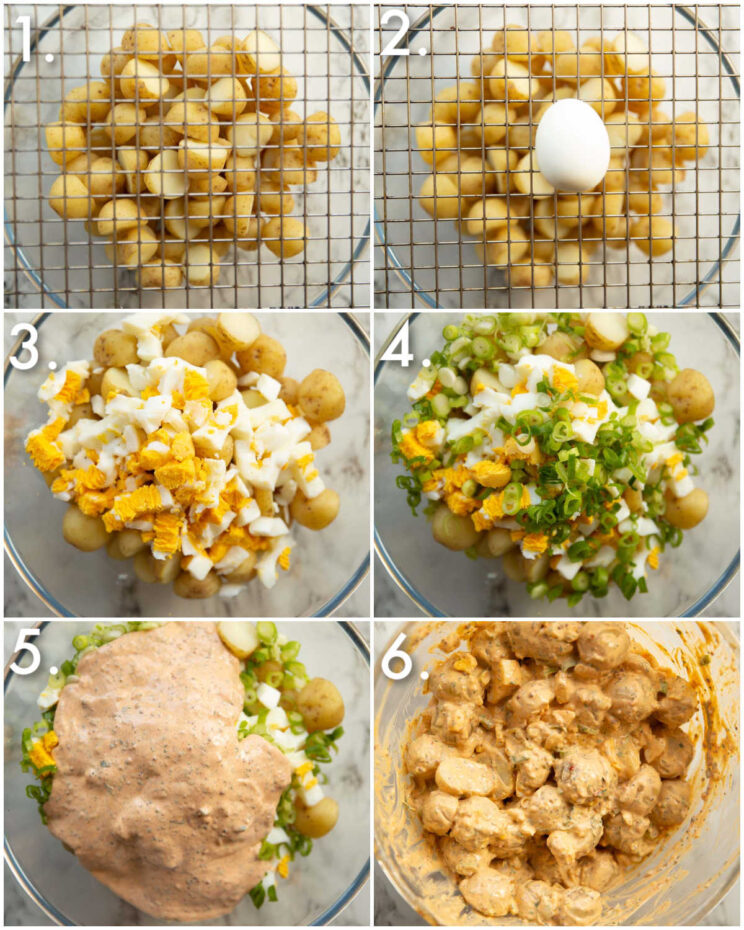 6 step by step photos showing how to make cajun potato salad
