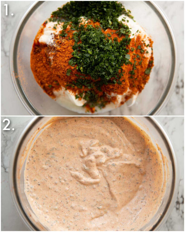 2 step by step photos showing how to make cajun potato salad dressing