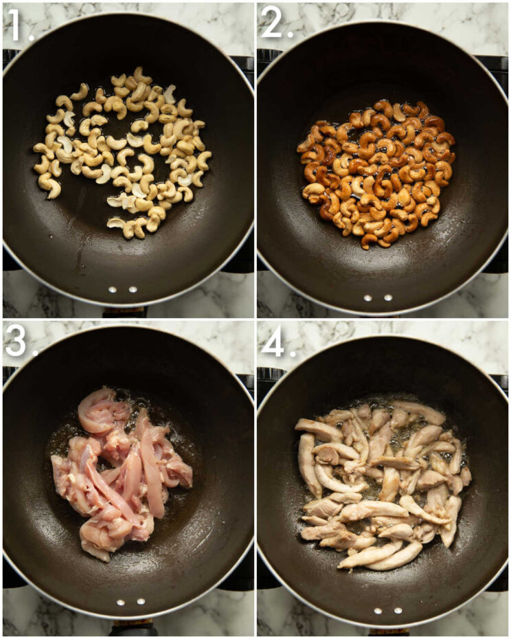 4 step by step photos showing how to make cashew chicken