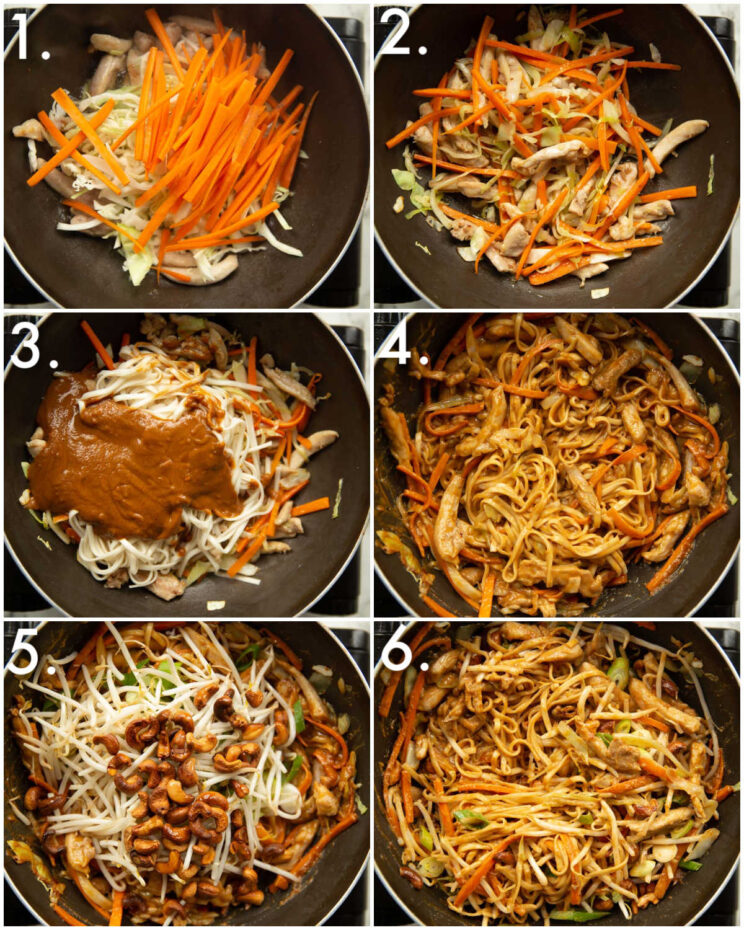 6 step by step photos showing how to make cashew chicken noodle stir fry