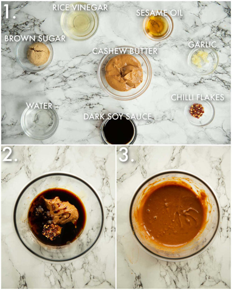 3 step by step photos showing how to make cashew sauce