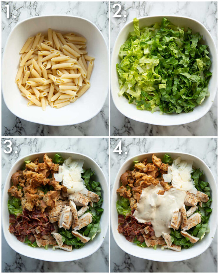 4 step by step photos showing how to make chicken caesar pasta salad