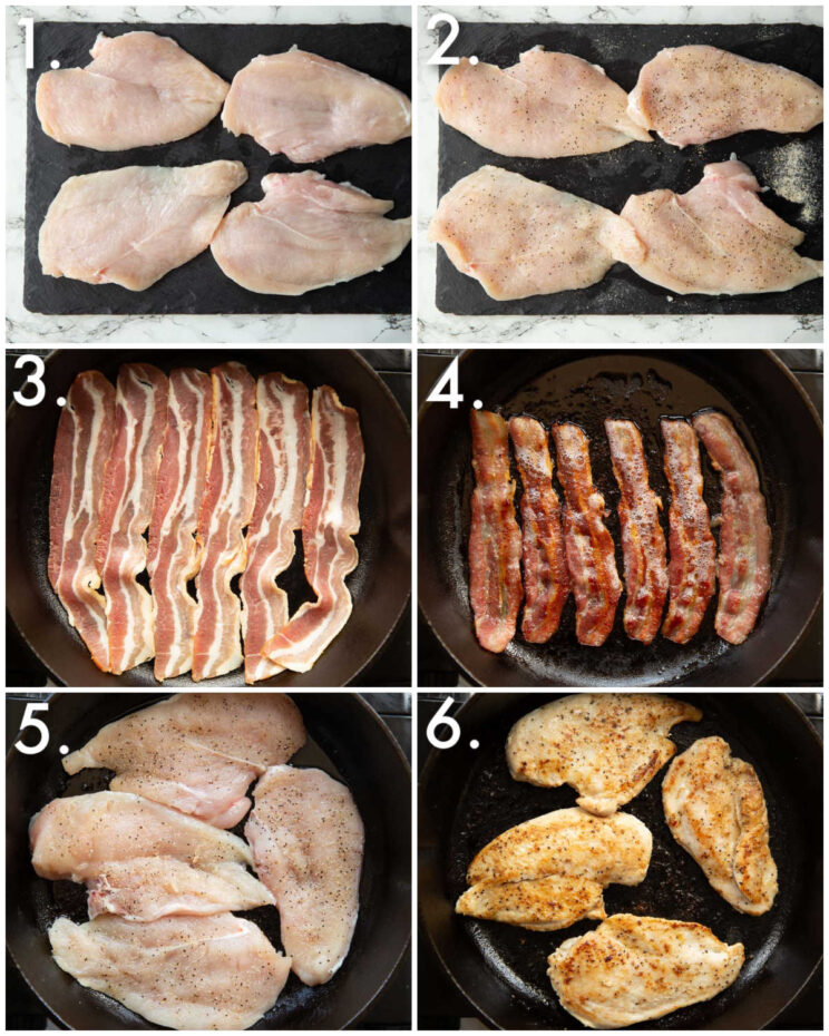 6 step by step photos showing how to make chicken for caesar salad