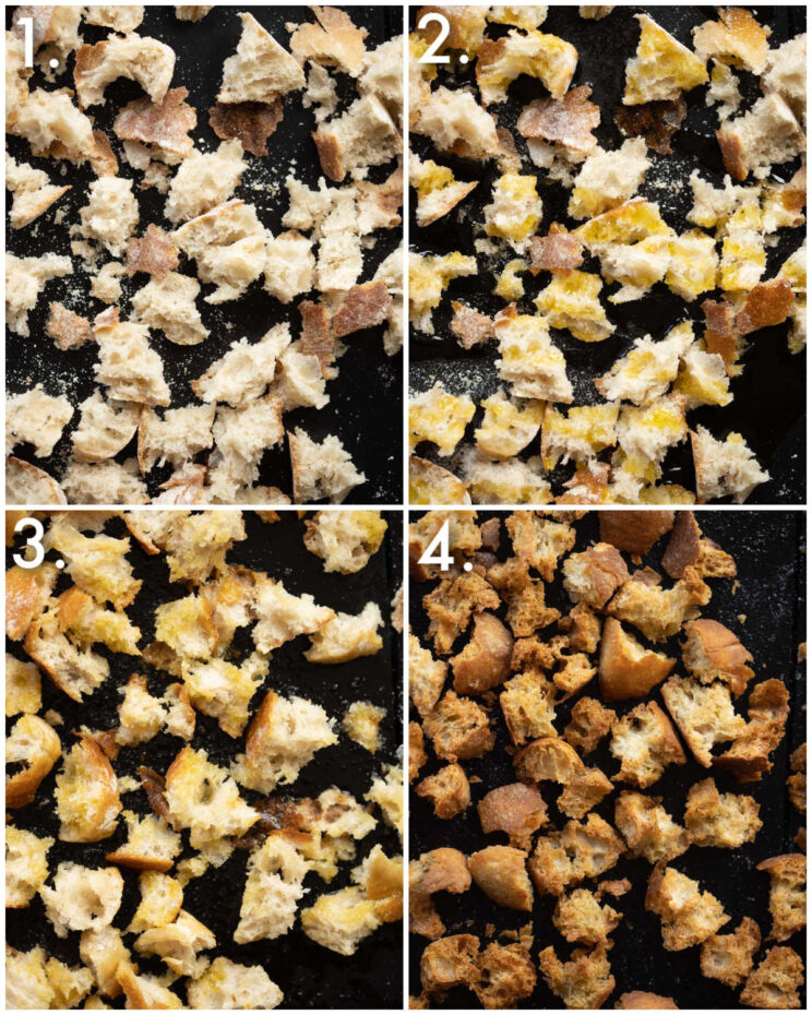 4 step by step photos showing how to make ciabatta croutons