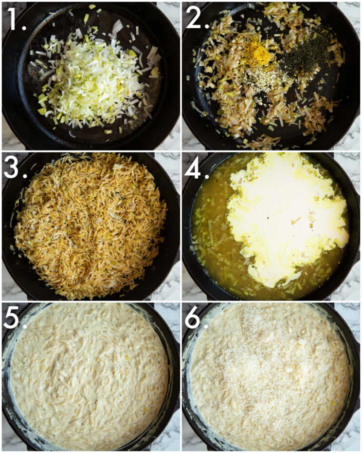 6 step by step photos showing how to make creamy lemon orzo