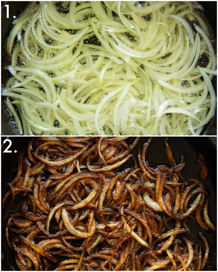 2 step by step photos showing how to make crispy onions