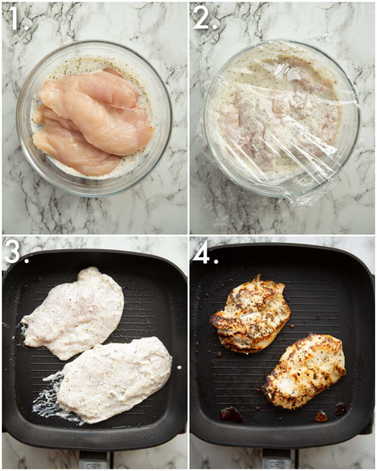 4 step by step photos showing how to make greek chicken