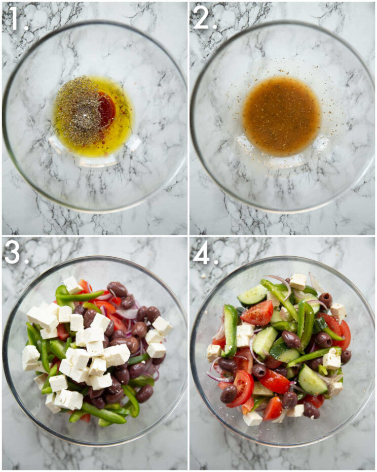 4 step by step photos showing how to make greek salad
