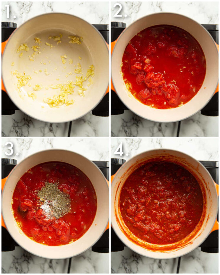 4 step by step photos showing how to make marinara dip for fried ravioli