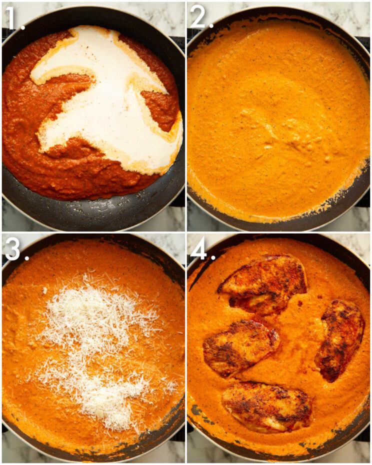 4 step by step photos showing how to make roasted red pepper chicken