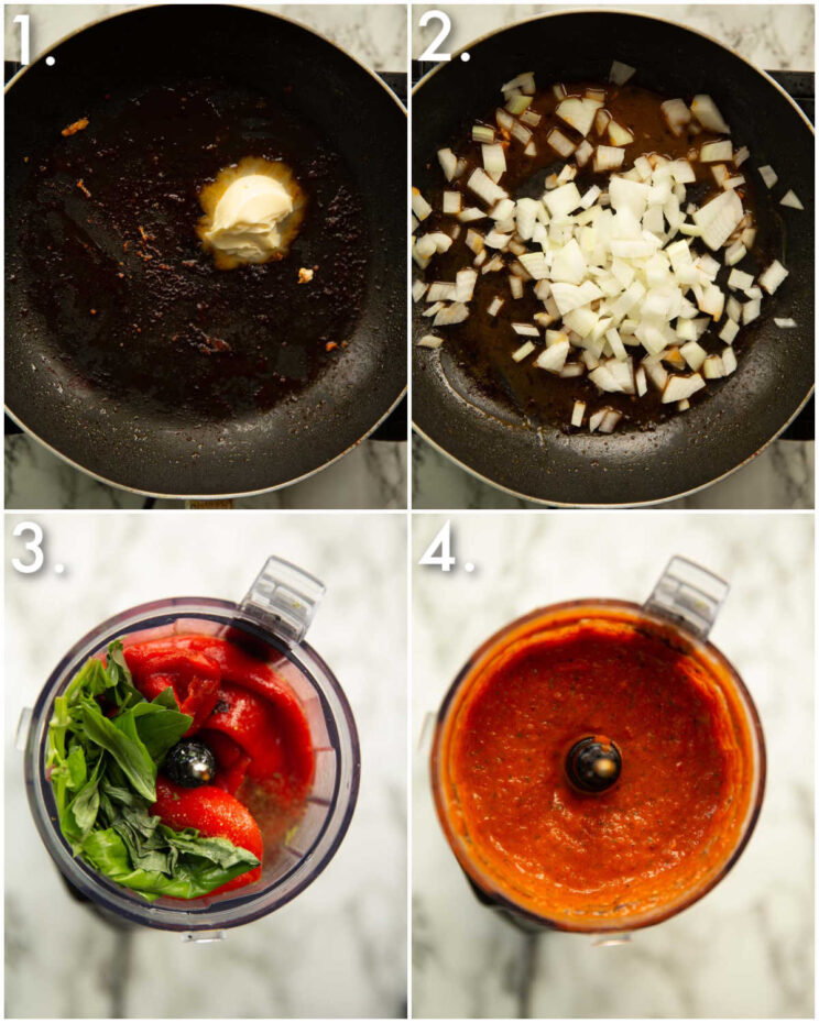 4 step by step photos showing how to make roasted red pepper sauce
