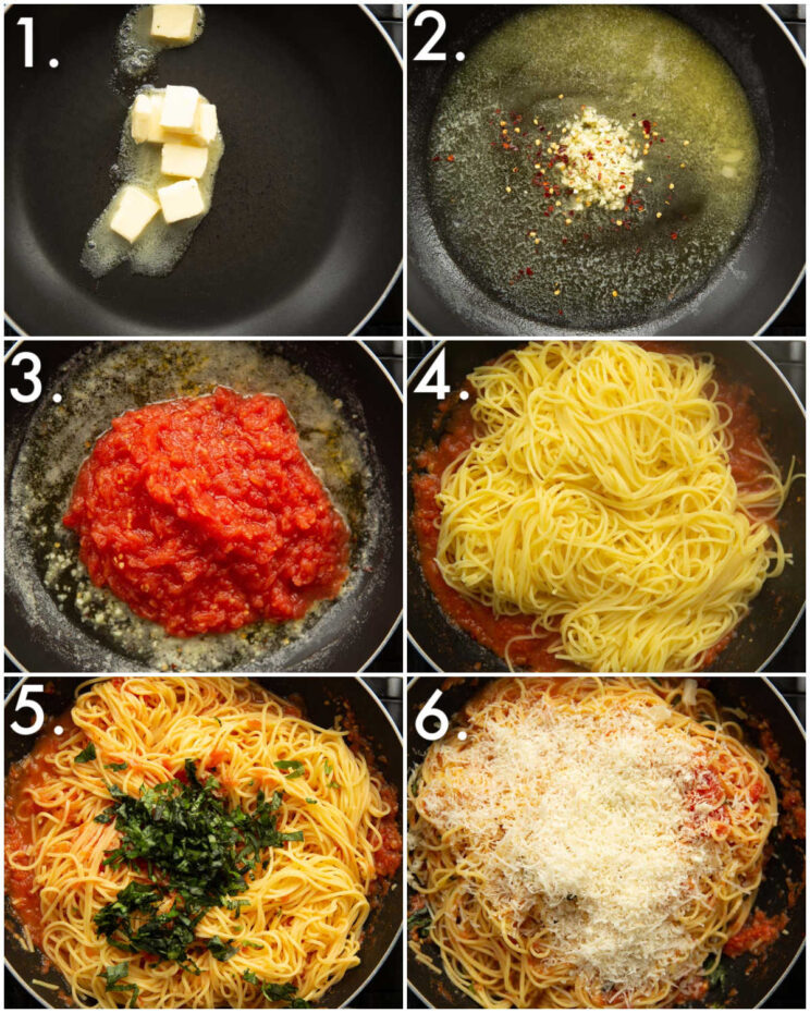 6 step by step photos showing how to make tomato butter pasta