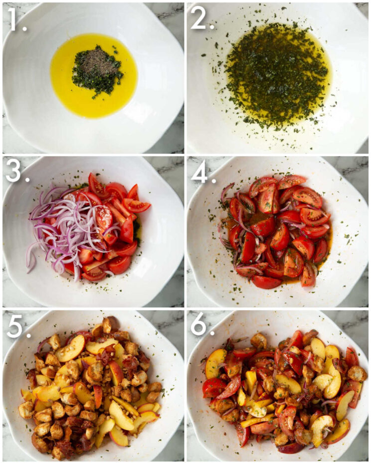 6 step by step photos showing how to make tomato peach salad
