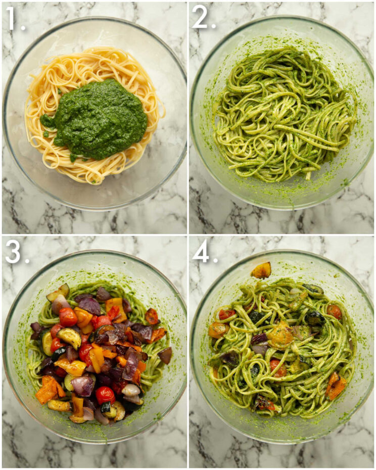 4 step by step photos showing how to make veggie pesto pasta