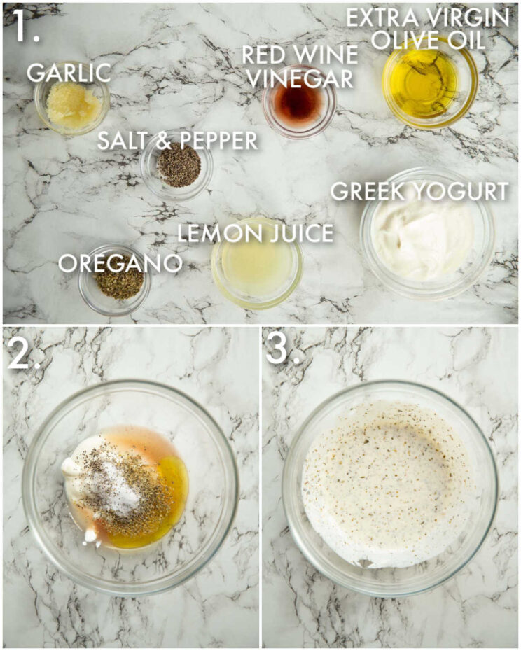 3 step by step photos showing how to marinate greek chicken