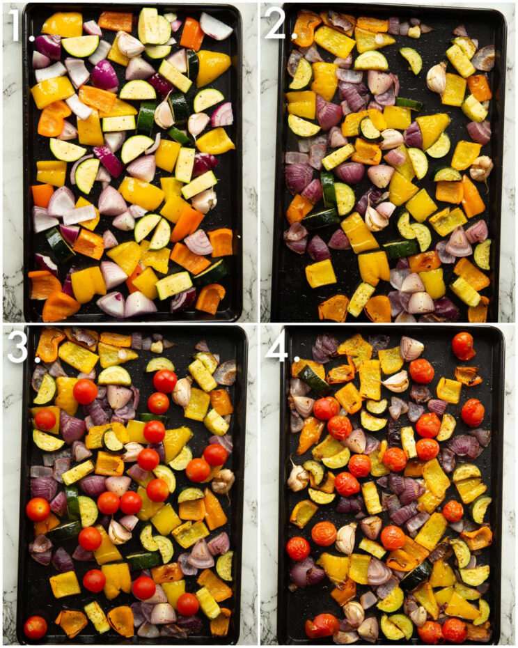 4 step by step photos showing how to roast vegetables for pasta