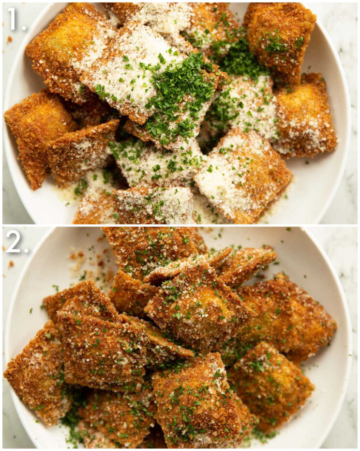 2 step by step photos showing how to serve fried ravioli