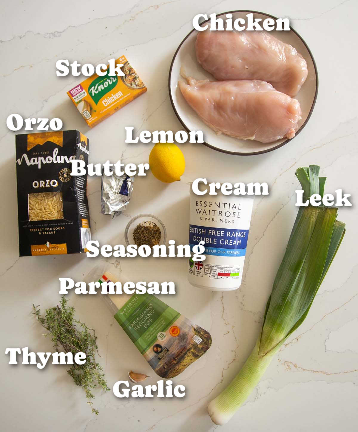 overhead shot of lemon chicken orzo ingredients with text labels
