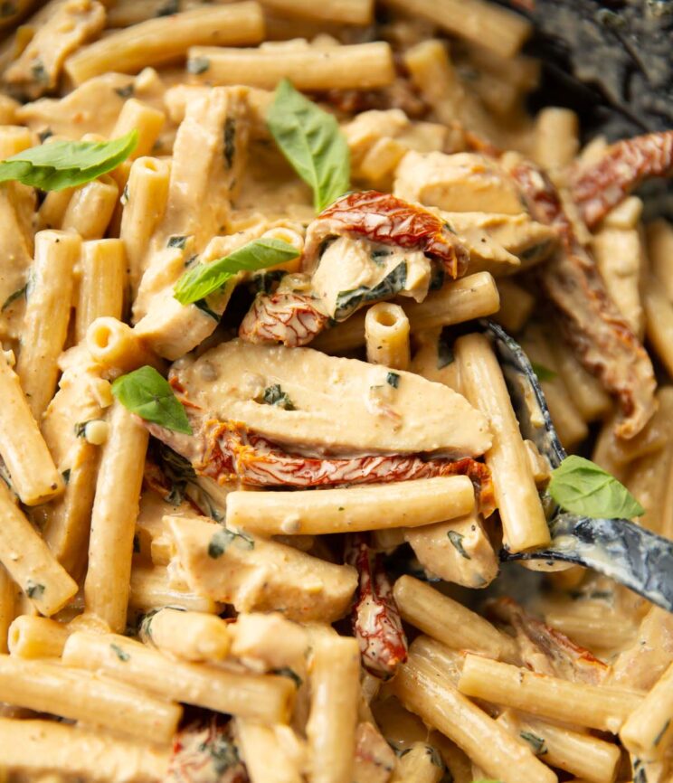 close up shot of black serving spoon digging into skillet of chicken sun dried tomato pasta