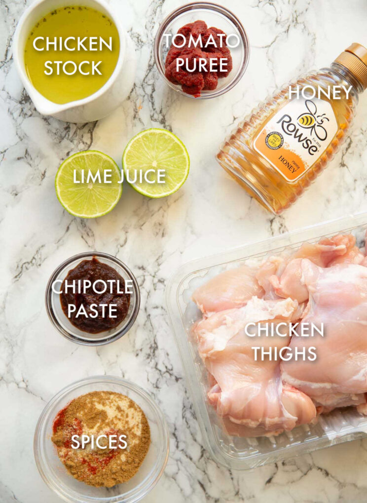 overhead shot of honey chipotle chicken ingredients with text labels