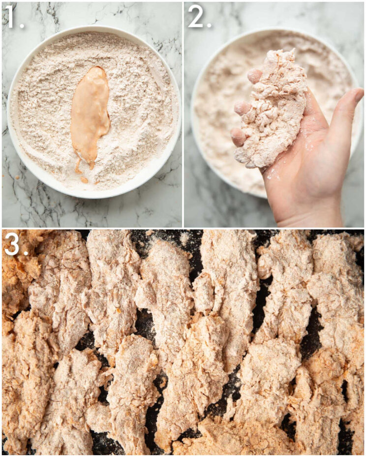 3 step by step photos showing how to coat chicken tenders