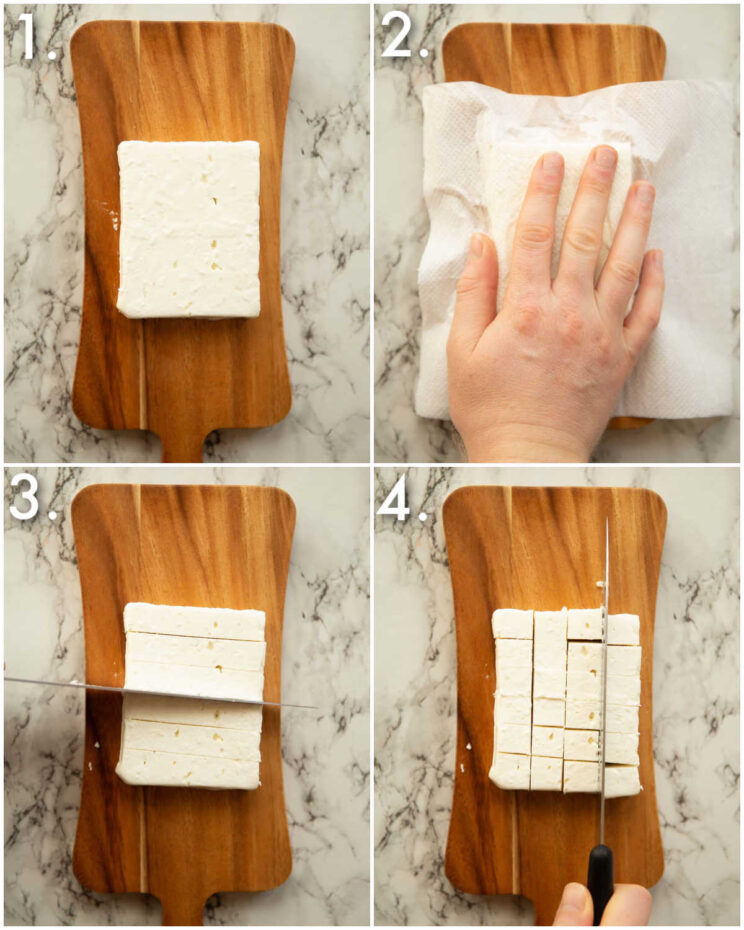 4 step by step photos showing how to cube feta