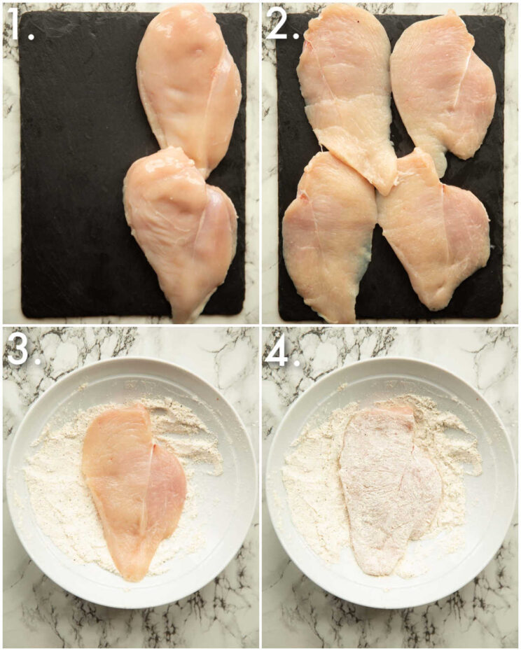 4 step by step photos showing how to dredge chicken breast