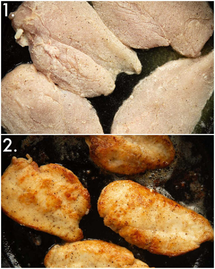 2 step by step photos showing how to fry chicken breast