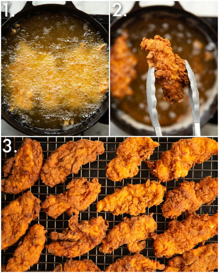 3 step by step photos showing how to fry nashville chicken