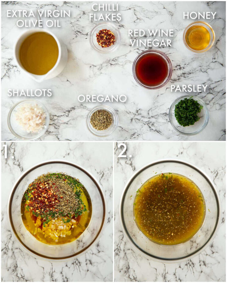 3 step by step photos showing how to make a marinade for feta
