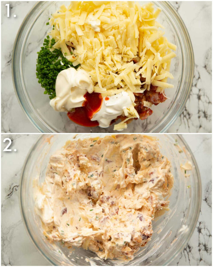 2 step by step photos showing how to make bacon cream cheese filling