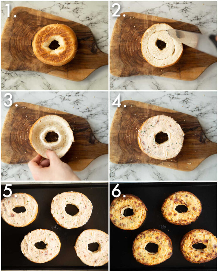 6 step by step photos showing how to make bacon cream cheese stuffed bagels