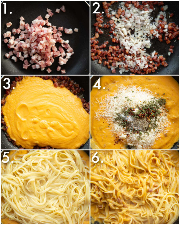 6 step by step photos showing how to make butternut squash pasta