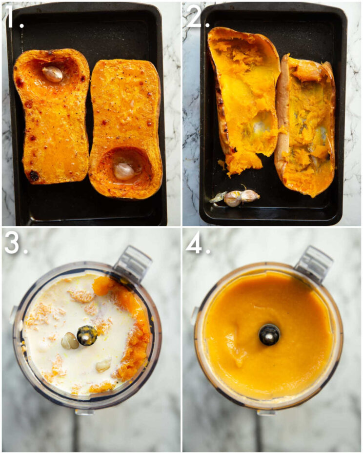 4 step by step photos showing how to make butternut squash pasta sauce