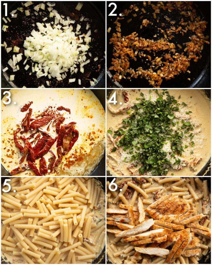 6 step by step photos showing how to make chicken sun dried tomato pasta