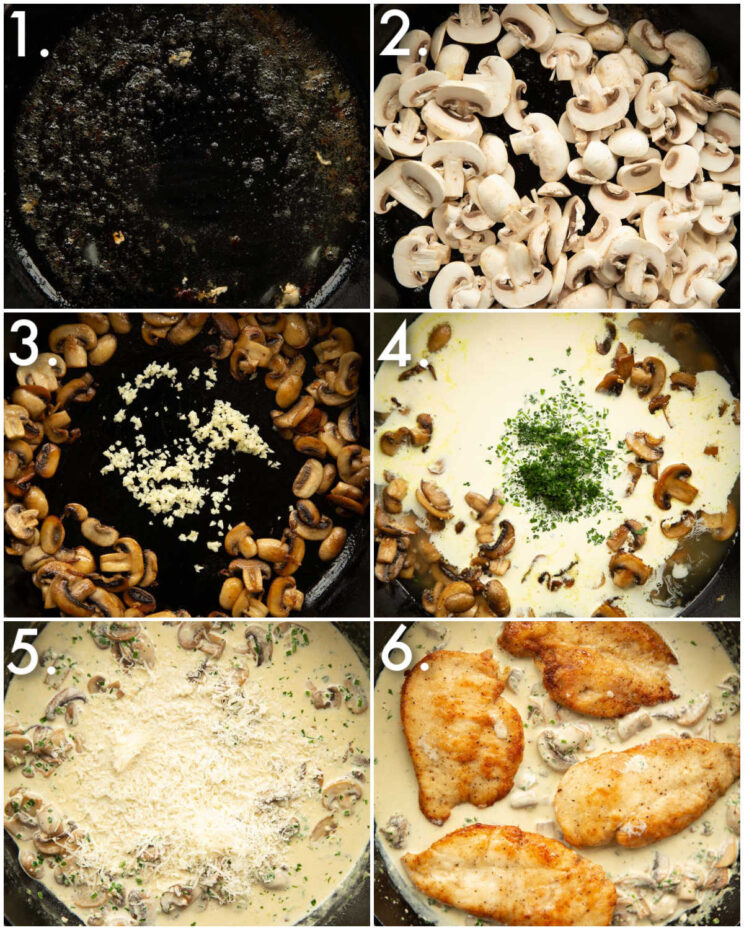 6 step by step photos showing how to make creamy garlic mushroom chicken
