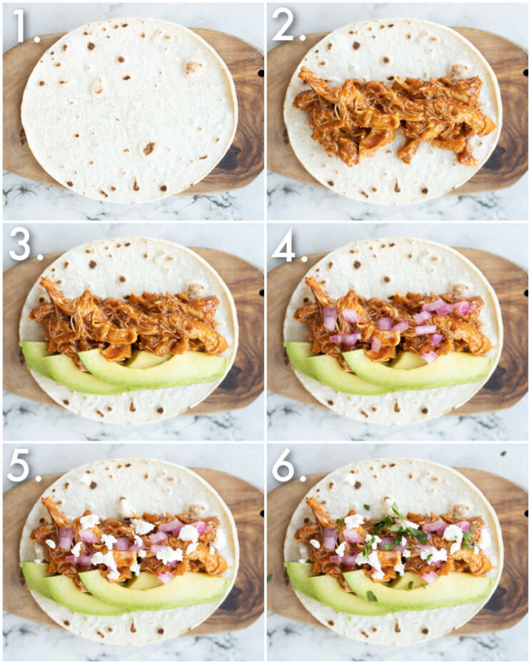 6 step by step photos showing how to make honey chipotle chicken tacos