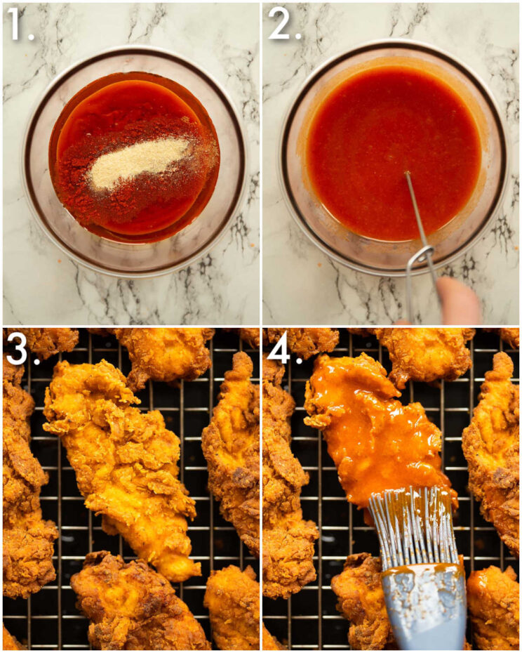 4 step by step photos showing how to make nashville chicken oil glaze