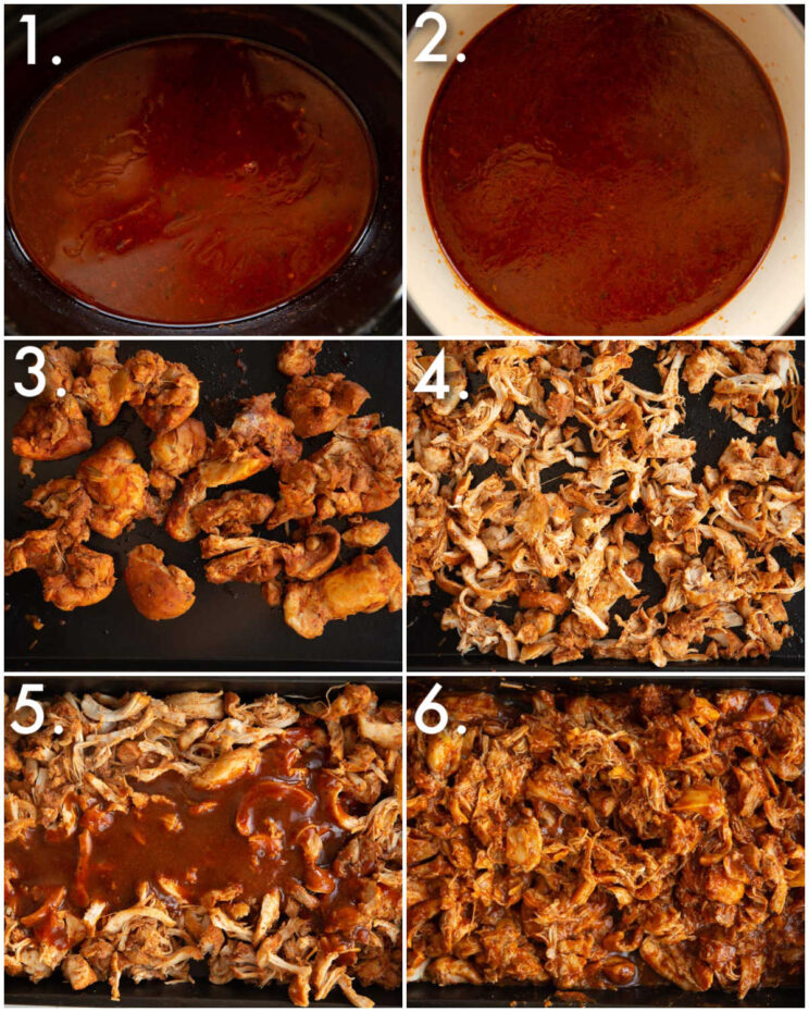 6 step by step photos showing how to make saucy chicken tacos